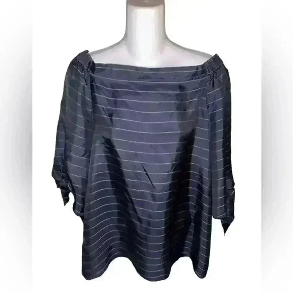 Theory Navy Blue and‎ White Striped Blouse